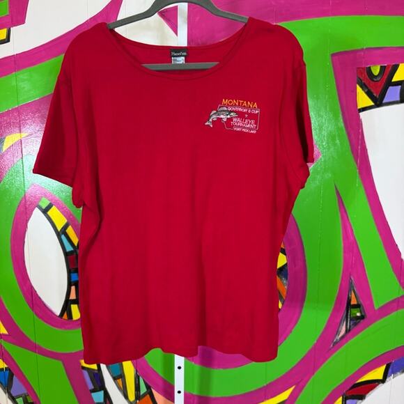 Hanes, Montana Governor's Cup Walleye Red Embroidered T-Shirt. Size 2XL - Picture 1 of 5
